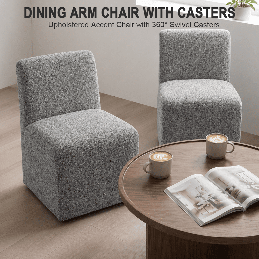 Aenkyo Dining Chairs with Casters, Set of 2, Upholstered Rolling Side Chairs, Pewter Gray
