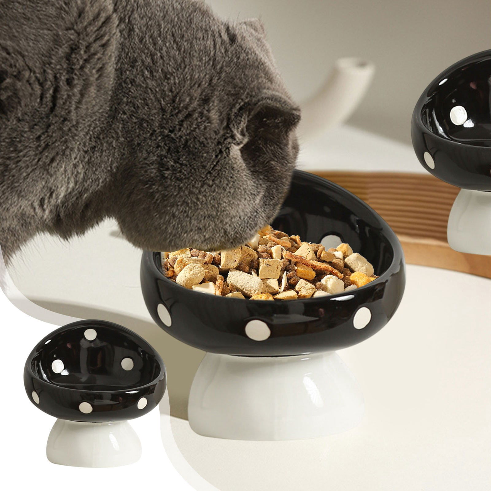 HengDidi Ceramic Elevated Pet Bowl Set - Slanted Neck Support Feeder with Non-Slip Base - Mushroom Easy Clean Dish for Companions - 5.7x5.7x5.11 Inch