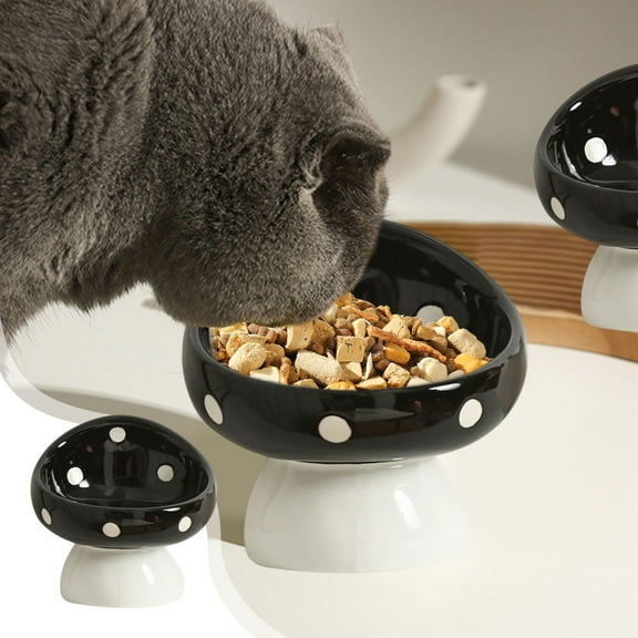 HOARBOEG Ceramic Pet Bowl with Non-Slip Base, Mushroom-Shaped Elevated Tilted Design for Neck Support, Easy Clean Cat Dog Dish, 5.7*5.7in