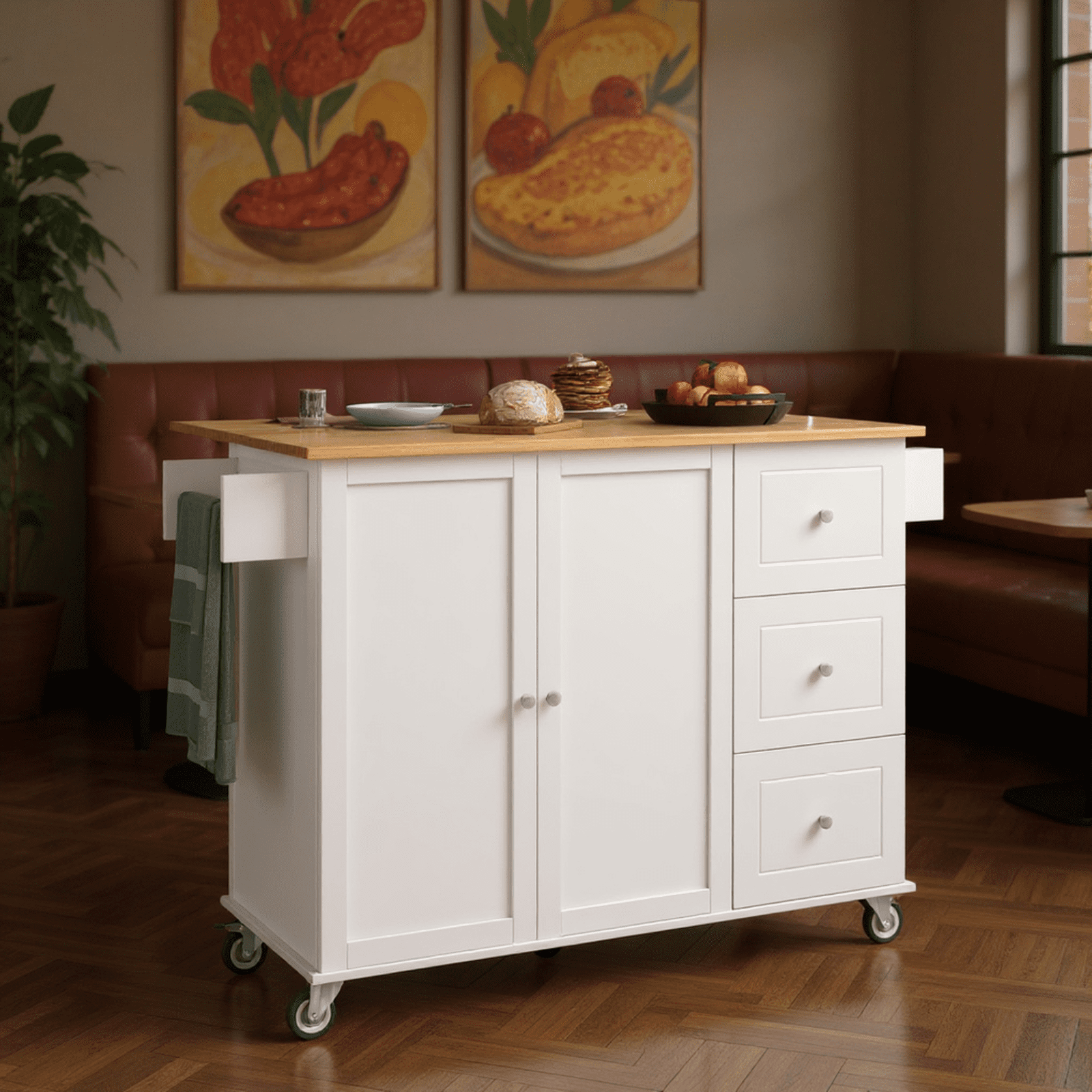 Homy Casa Kitchen Serving Cart with Storage, 3 Drawers, Side Shelf & Wood Top, Rolling Island on Wheels