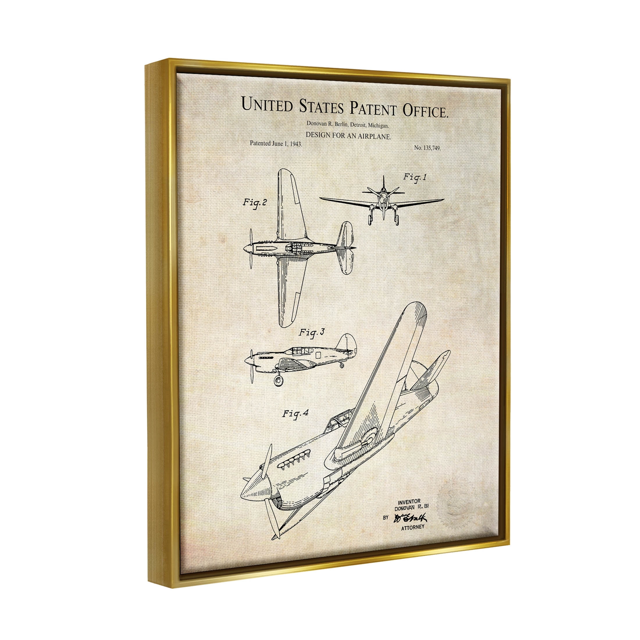 Stupell Industries Vintage Plane Flight Diagram Graphic Art Metallic Gold Floating Framed Canvas Print Wall Art, Design by Karl Hronek