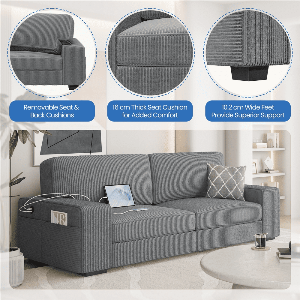 Renwick 83.5'' W 2-Seater Modern Corduroy Fabric Sofa Couch with USB Charging Ports for All Ages, Dark Gray