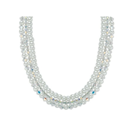 Aurora Borealis Crystal and Simulated Pearl Silvertone Triple-Strand Necklace 16