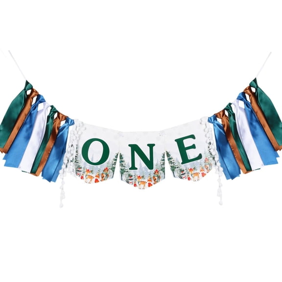 Winterly Winter One 1st Birthday Banner Three Piece High Chair Ribbon Banner Cloth Strips Baby Boy Girl Party Decor Forest Theme Cake Table Photo Indoor Celebration Supply Set for One Year Old