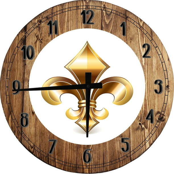 Large 24 Inch Wood Fleur de Lis Bronze Gold Kitchen Wall Clock Round Battery Operated Frameless Home Decor Wall Art