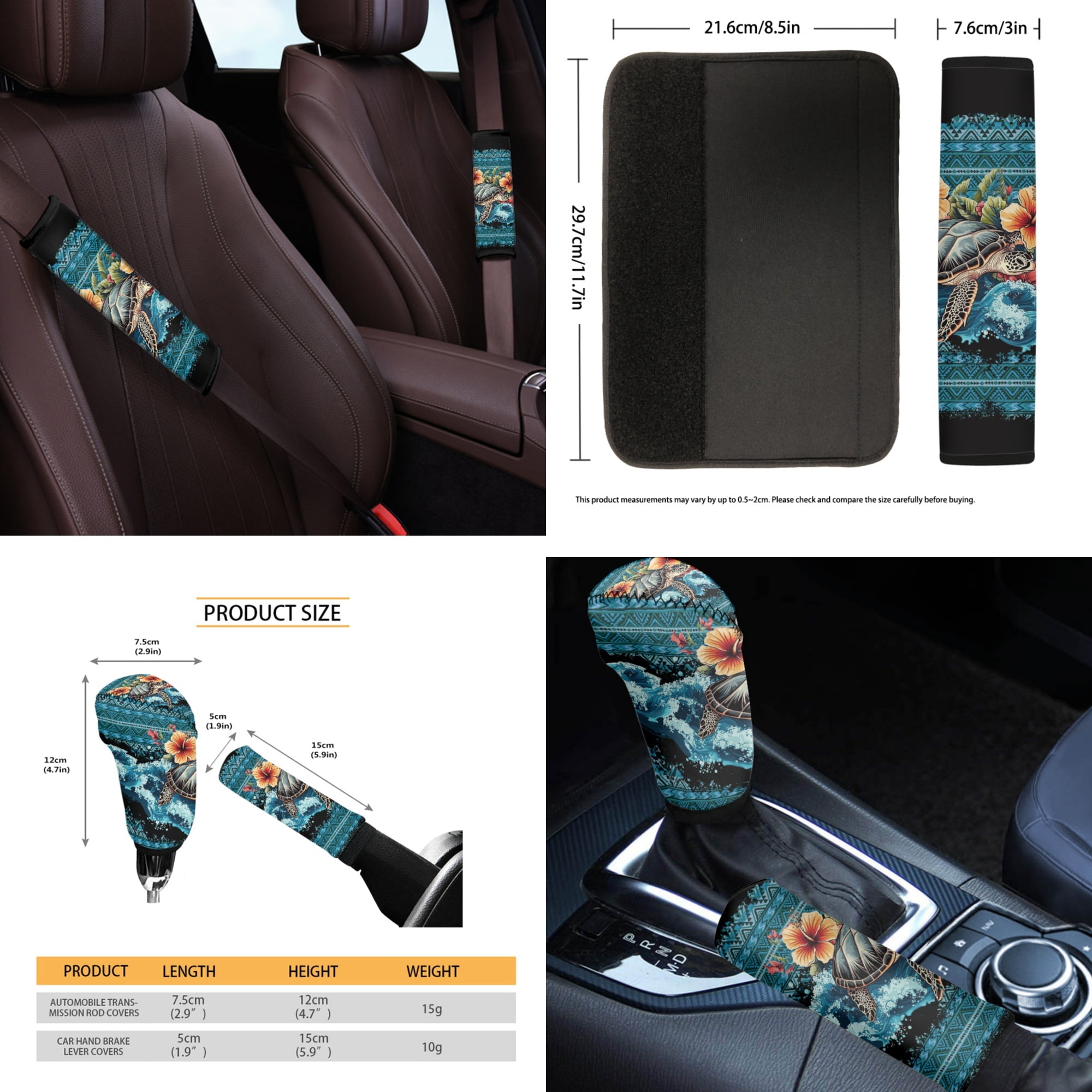 Jeiento Sea Turtle 14 Pcs Car Accessories Set Front Rear Seat Covers Car Seat Belt Pad Trash Bin Steering Wheel Protector Coaster Armrest Pad Gear Shift Cover Aztec Rearview Mirror Cove