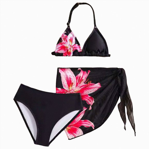 Ymyiu Swimsuit Toddler Girl Girls Swimsuit 3 Piece Bathing Suits Cute Quick Dry Bikini Sets with Cover Ups Beach Skirt Size 8-9 Years (Black,8-9 Years)