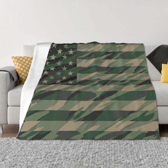 Balery Jungle Green Camo USA Flag Manta de Franela con Dibujo, Lujo Ultra Suave y Cálido, Antipelusa y Resistente a las Arrugas para Cama, Sofá, Camping -80"x60"