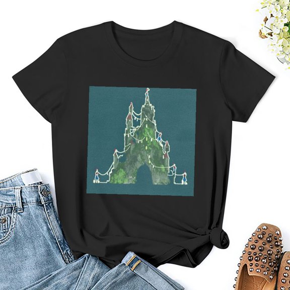 NIJIANKEHAN Merry Christmas Shirt Women Xmas Lights Castle Graphic Tops Tee Casual Short Sleeve Holiday T Shirt S