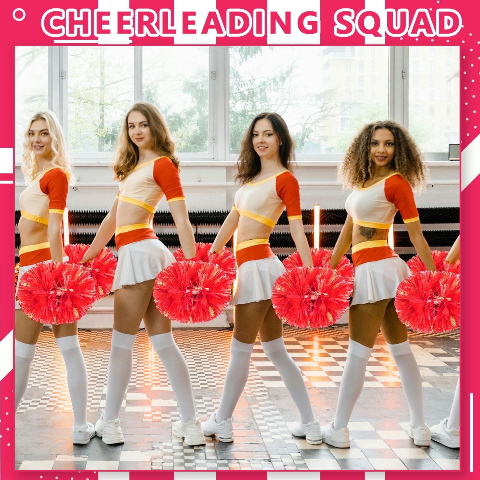Cheerleading Pom Poms 8 Pcs with Handle Style, Handheld Squad Pompoms for Sports Team Cheer Spirit Games Dance Party Adults