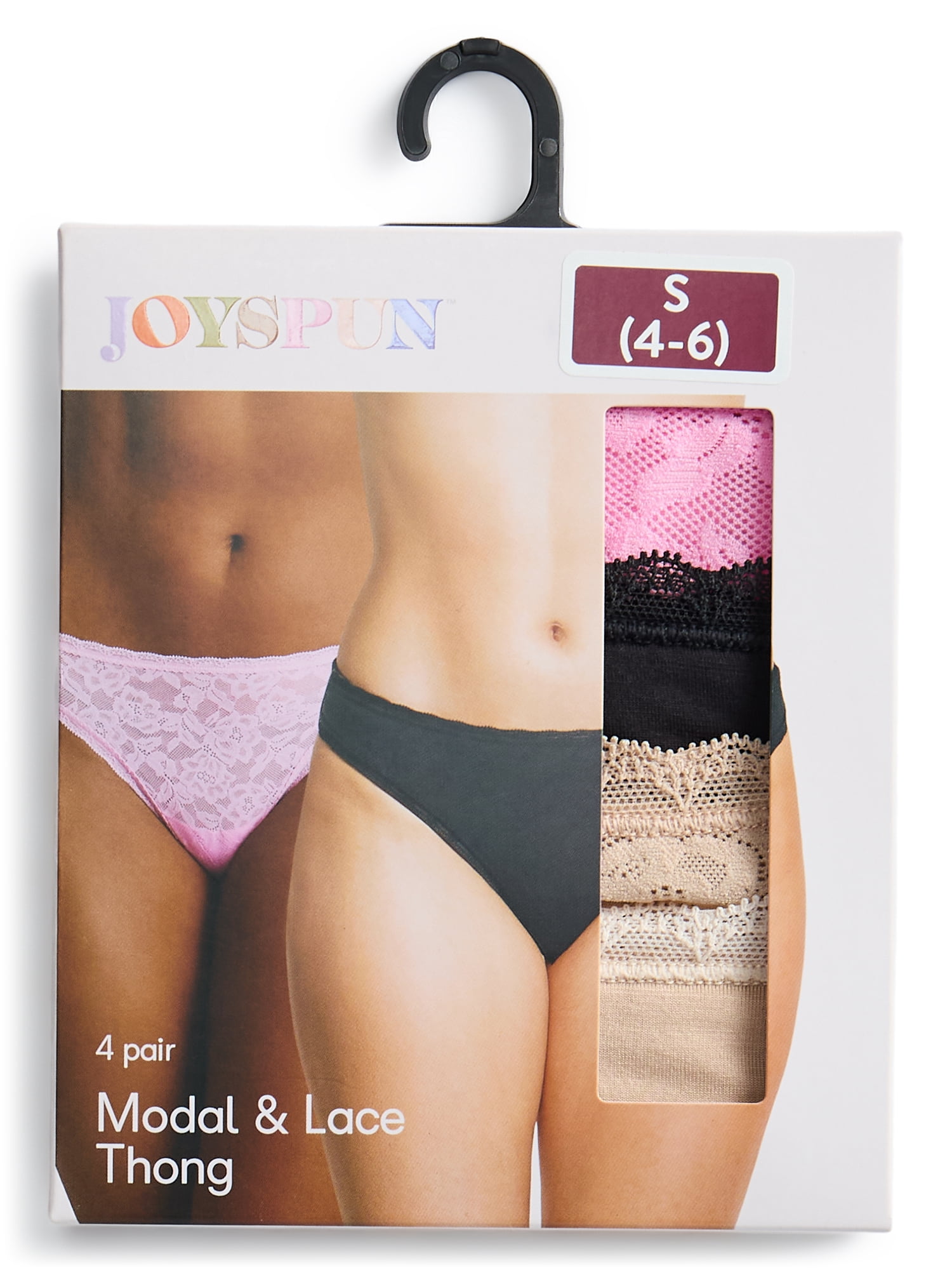 Joyspun Women's Soft Touch Lace Thong Panties, 4-Pack, Sizes XS-3XL