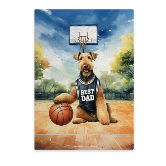Happy Father's Day Airedale Terrier Playing Basketball with Best Dad Jersey Vertical Matte Canvas Poster Dale Waterside Dog Lover Wall Art Home Decor - 13006