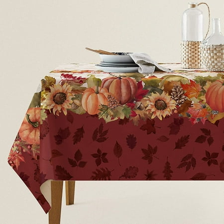 

Swaying Leaves Bordered Fall Tablecloth Thanksgiving Maple Leaves Polyester Table Cover Watercolor Fall Pumpkins Table Cloth Farm Harvest Autumn Falling Leaves Table Cover for Autumn (60 ×102 )