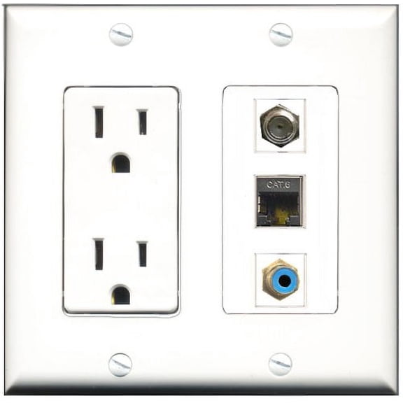 RiteAV - 15 Amp Power Outlet 1 Port RCA Blue 1 Port Coax 1 Port Shielded Cat6 Ethernet Ethernet Decorative Wall Plate