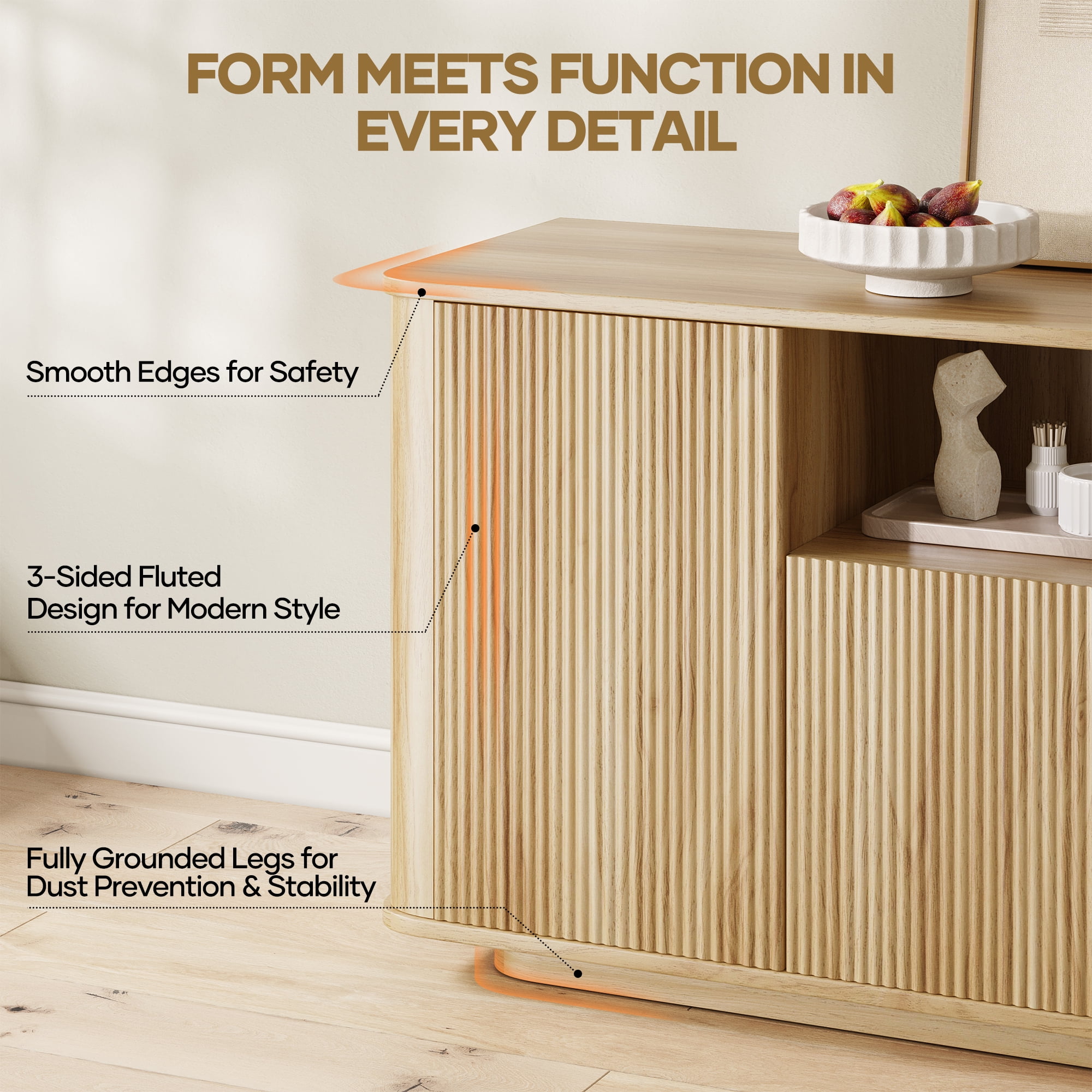 MARNUR Fluted TV Stand for TVs up to 65", 55" Modern Media Console with 3-Sided Fluted Design, Push-to-Open Doors for Living Room, Oak