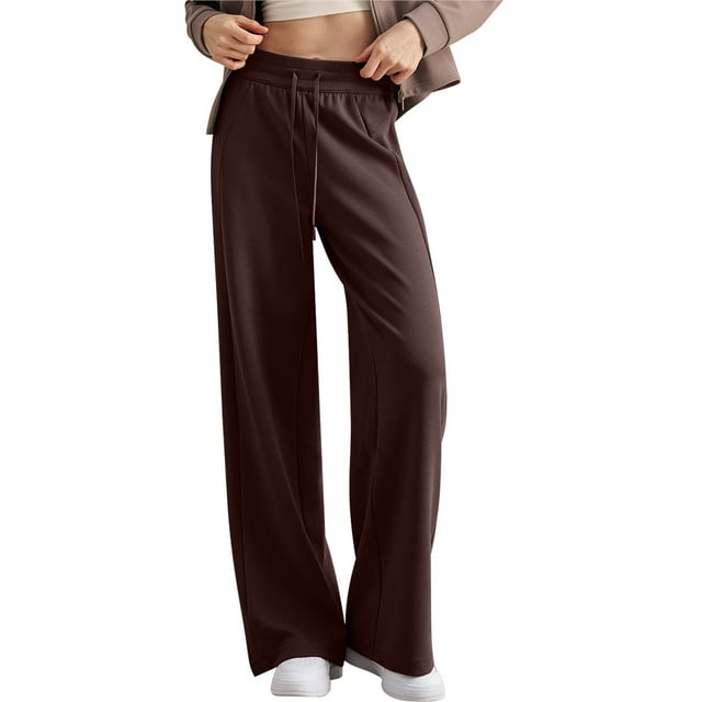 Pantalón Deportivo de Cintura Alta y Pierna Recta para Mujer, Cómodo Interior, Cordón Ajustable, Bolsillo para Hacer Ejercicio Marrón XL