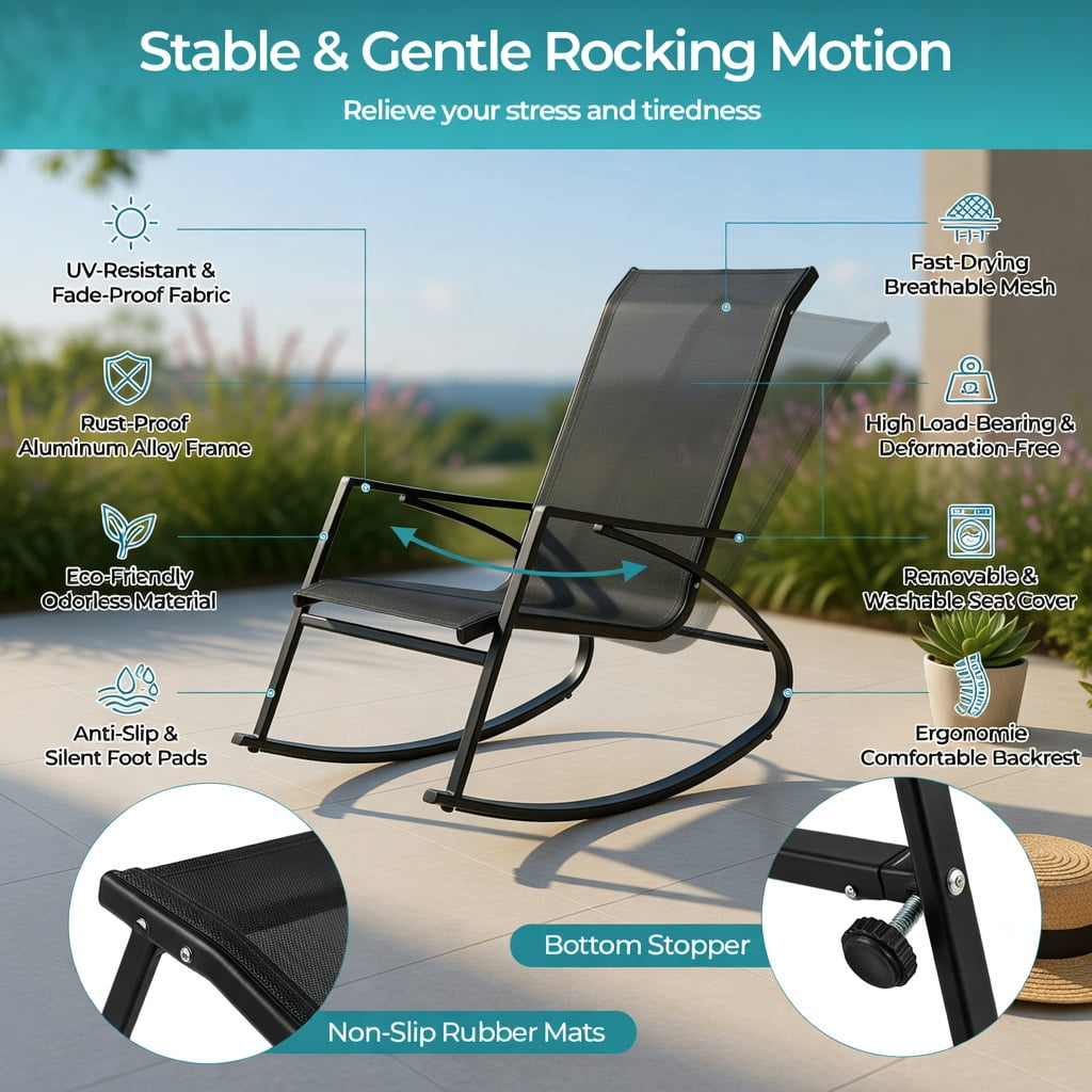 Hommoo 2-Pack Outdoor Rocking Chairs for Patio, Ergonomic Sling Fabric Rockers with Sturdy Steel Frame, Breathable Seat & Anti-Slip Base, Black