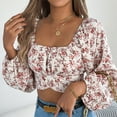thumbnail image 7 of Womens Long Sleeve Crop Tops Cross Hem Floral Print Square Neck Going Out Blouse Tees Spring Fall Fashion (XL, White), 7 of 7