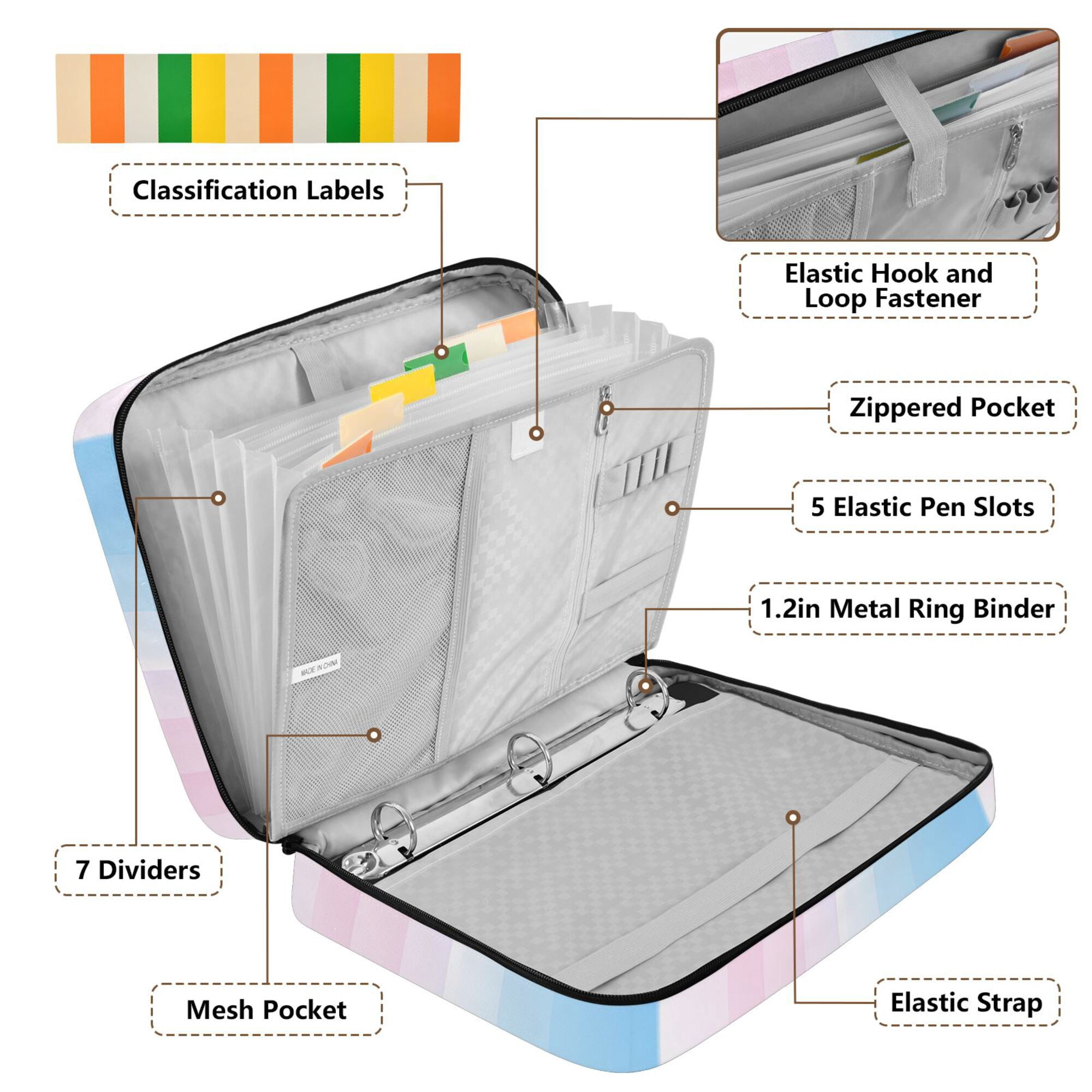 FORMRS Accordion File Folder A4 Size 7-Pocket Expanding Document Organizer Bag with 3 Ring Binder, Light Blue Stripes