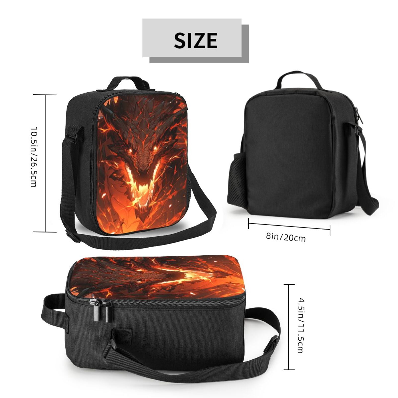Rateoe Magma Fire Black Dragon Lunch Bag Reusable Lunch Box with Shoulder Straps for Men Women Insulated Portable Lunchbox for adults Suitable for School Work Picnic