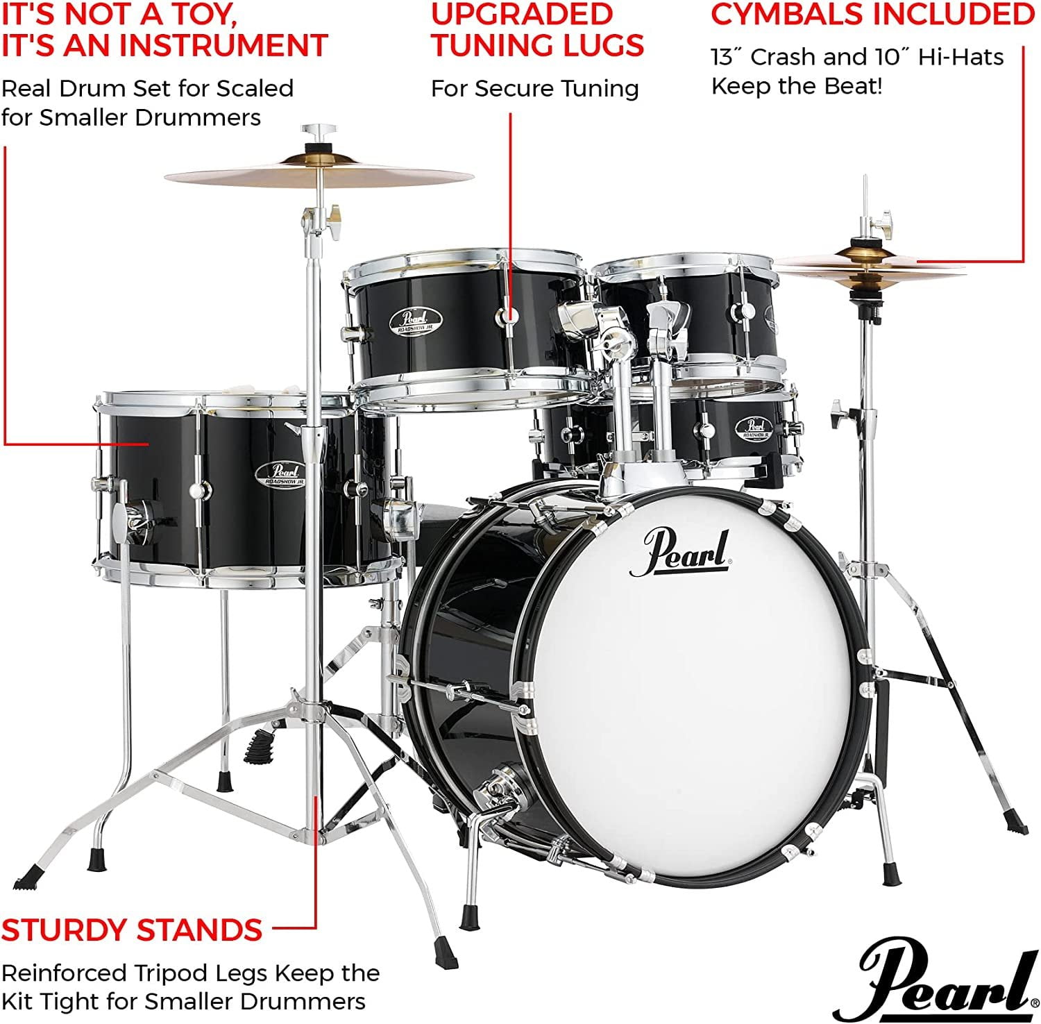 Pearl Roadshow Junior 5-Piece Drumset w/ 16" Bass Drum, Hardware & Cymbals - Jet Black
