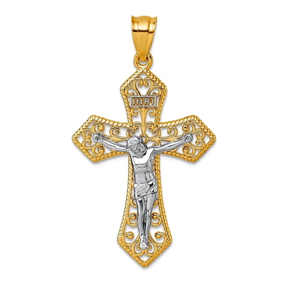 21mm 14k Solid Gold Two-tone Polished and Beaded Fancy Crucifix Pendant Necklace Pendant for Women