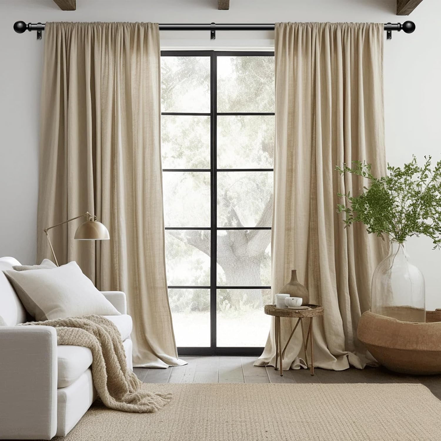 UniMall 2 Pack Curtain Rods 48 to 84 Inch, Black 1 Inch Adjustable Heavy Duty Curtain Rods for Windows, Decorative Modern Window Treatment Rod, Splicing Metal Drapery Pole, Easy Installation
