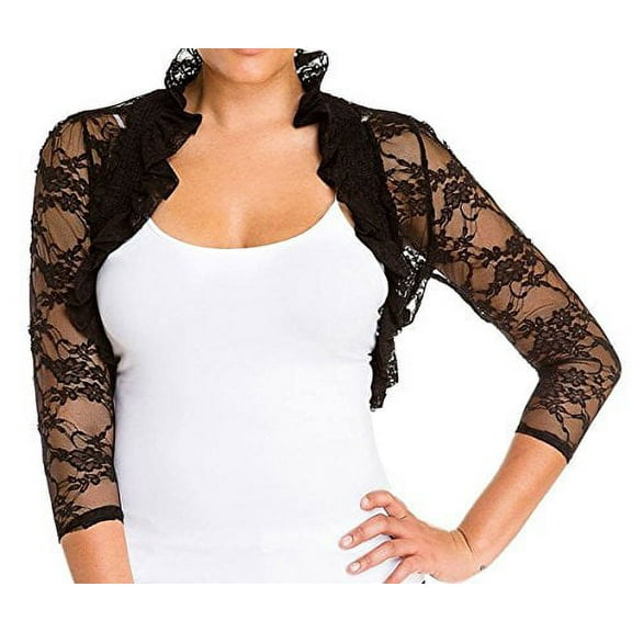 Fashion Secrets Women`s 3/4 Sleeve Smoked Lace Bolero Shrug Cardigan ... (Womens' Large, Black)