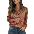 thumbnail image 3 of Womens Tops Casual Printed Satin Long Sleeve Shirt Retro Flower Design Blouses for Women Dressy Casual, 3 of 9