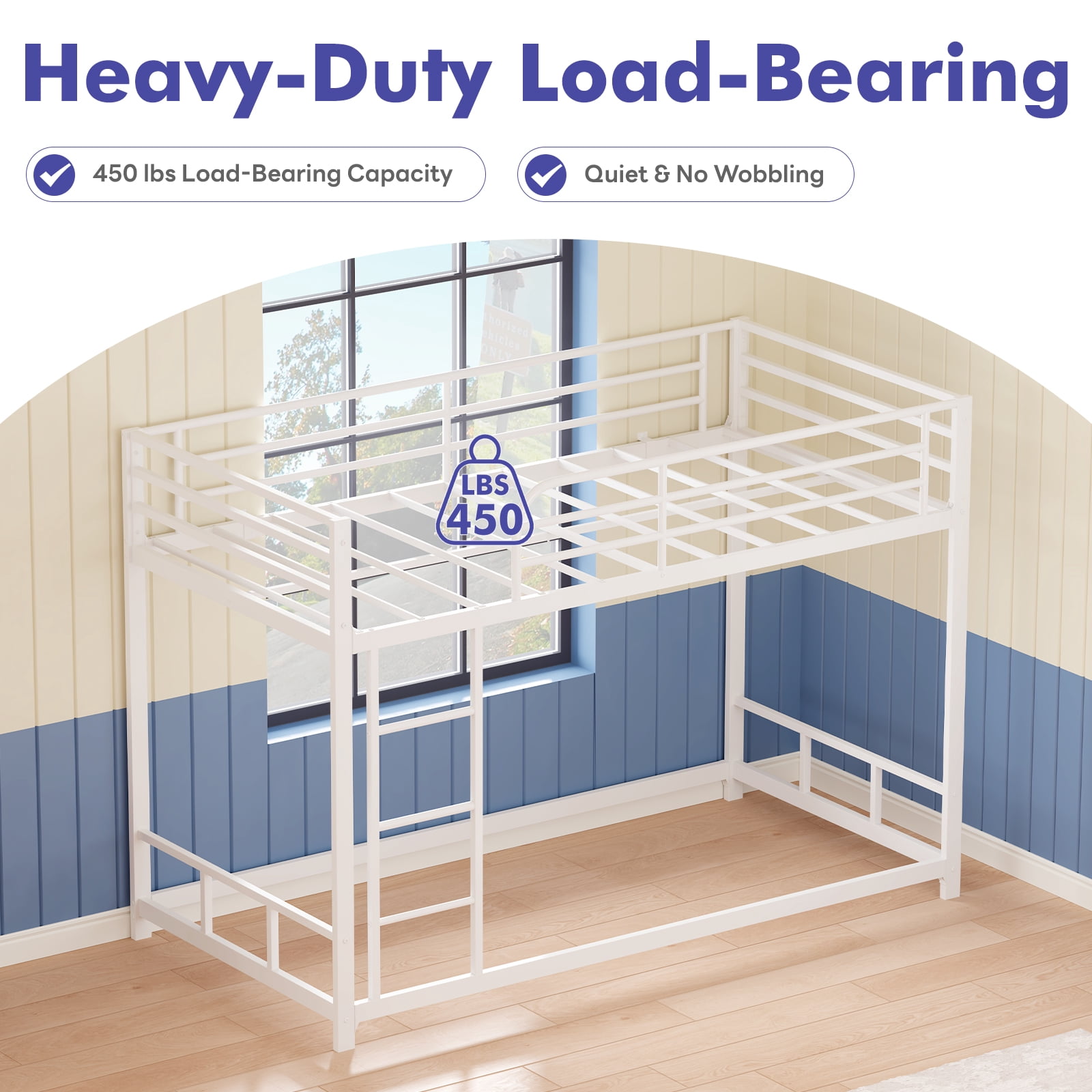 Miniyam Twin Over Twin Metal Bunk Bed Frame with Ladder and Guardrails, Heavy Duty Steel Design, No Box Spring Needed, White