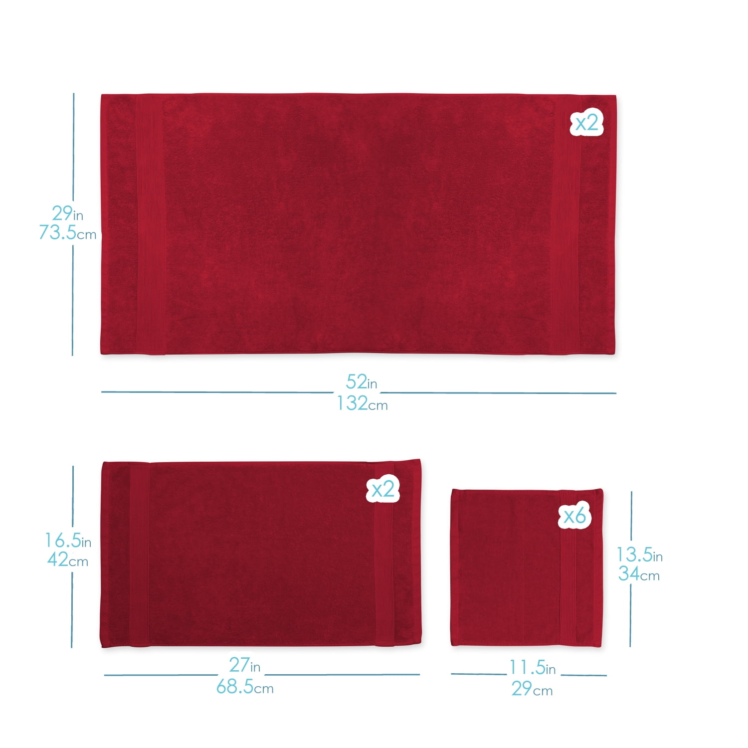 Clara Clark Bath Towels Set, 100% Cotton Luxury Softness 6 Pc Set, Red
