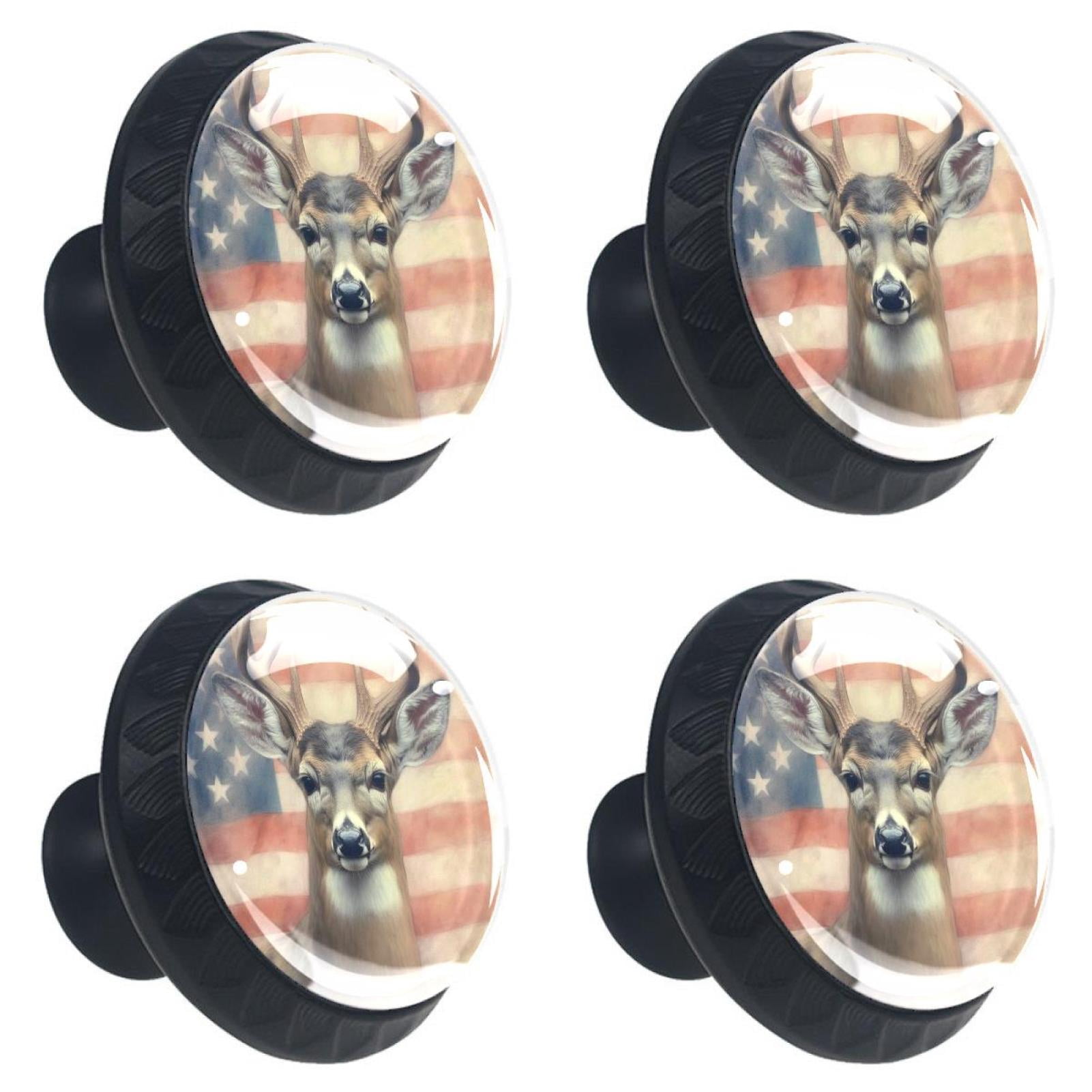 4 Pcs Deer and American Flag Knobs for Kitchen Cabinet Cupboard Dresser Bookcase Drawer Pulls Handles Round Home Decor