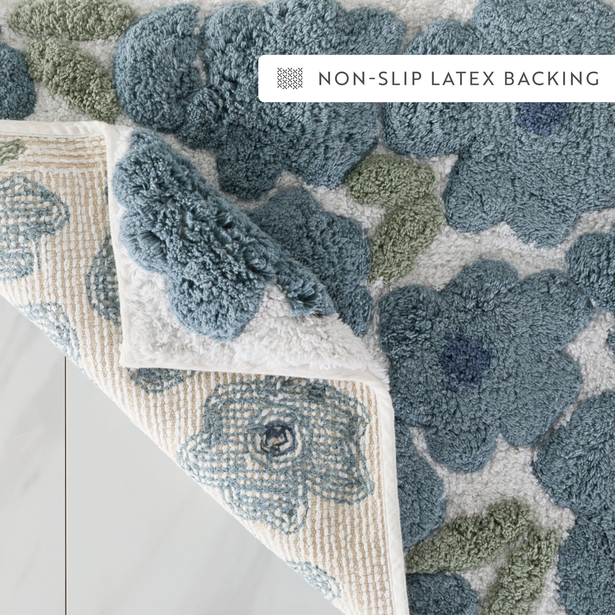 Noble Linens Floral Pattern Cotton Bath Mat, 24 in x 17 in, Blossoms Light Blue