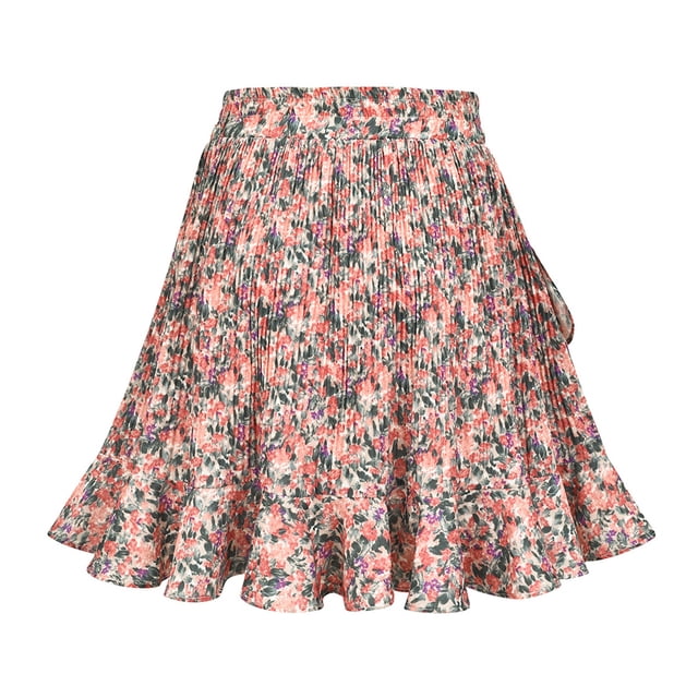 Minnieouse Minifalda estampada de cintura alta para mujer, faldas florales plisadas por encima de la rodilla para fiestas escolares de poliéster, Prendas para la parte inferior del cuerpo Rojo L