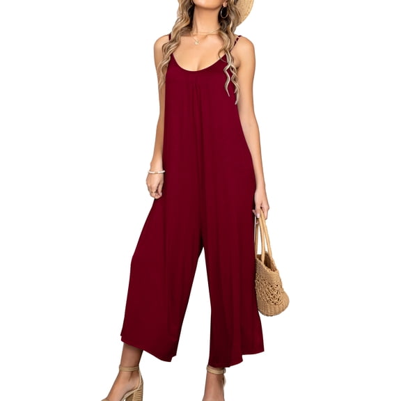 CALIPESSA Summer Casual Solid Wide Leg Cami Red Jumpsuits For Women