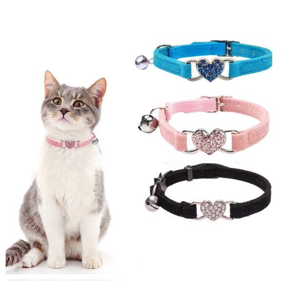 Heart Bling Cat Collar with Safety Belt and Bell Adjustable 8-10 inches for Kitten Cats (Black Pink Blue)