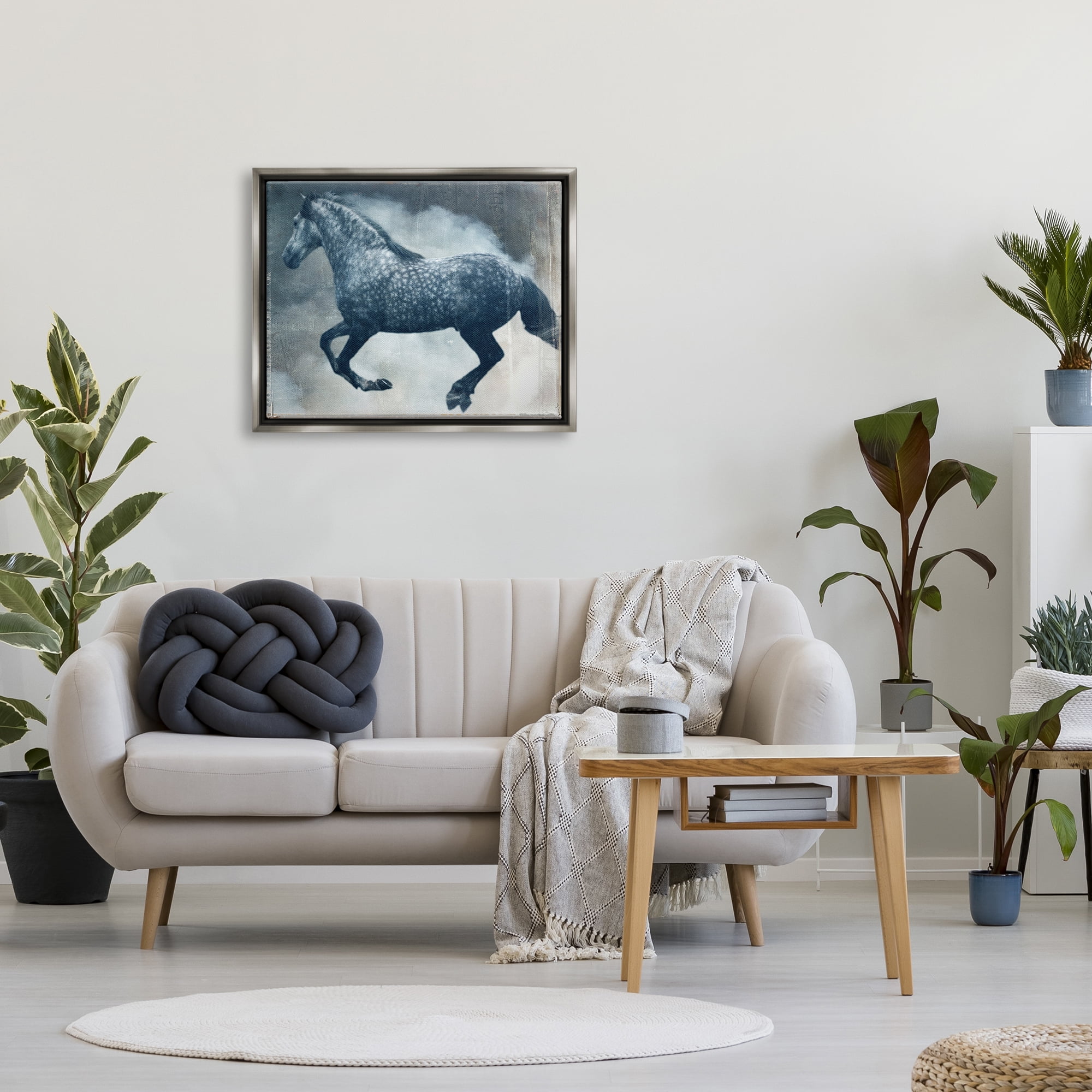 Stupell Industries Blue Galloping Horse Vintage Animals & Insects Painting Gray Floater Framed Art Print Wall Art