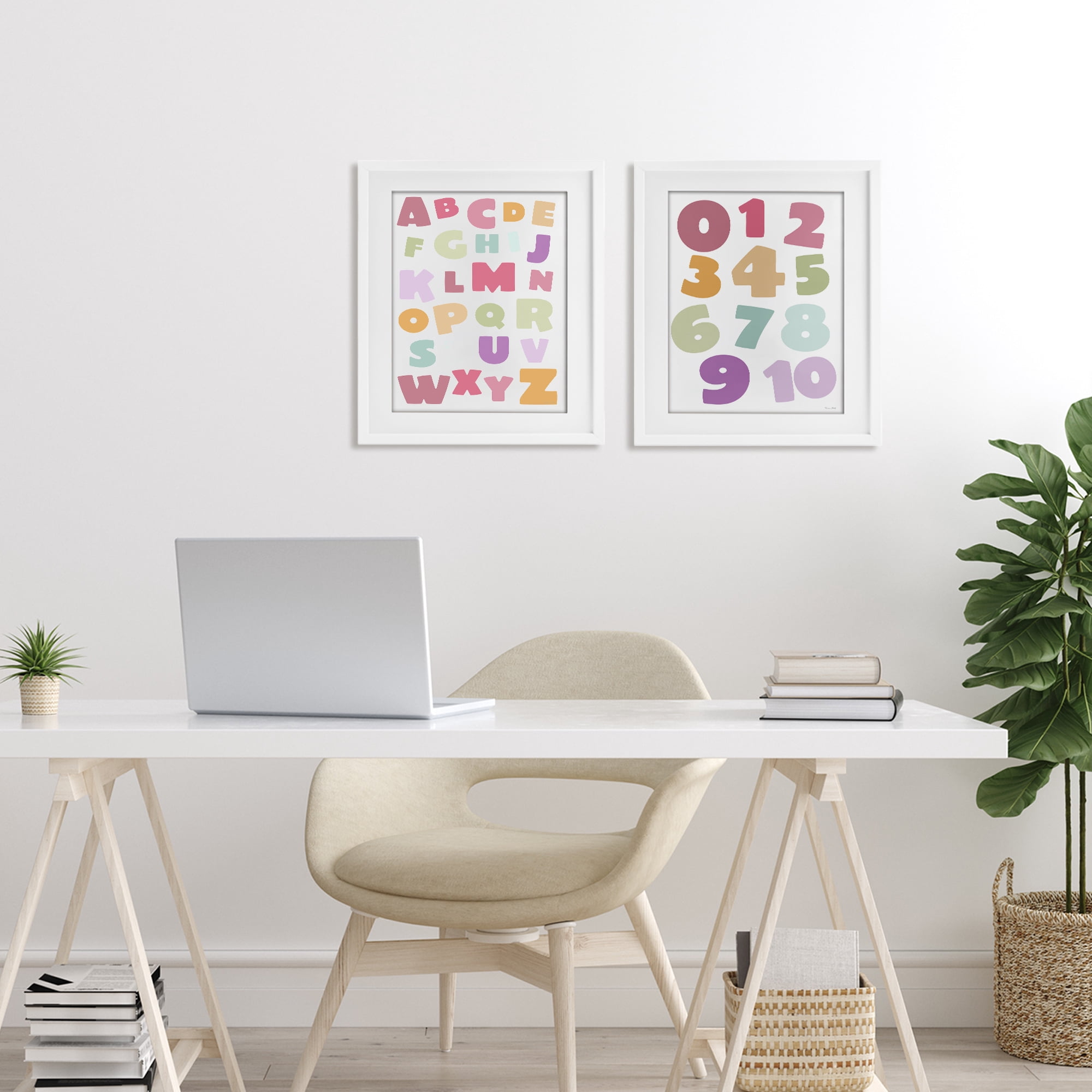 Stupell Industries Muted Letters & Numbers Educational 2 Piece White Framed Print Under Glass Set, design by Susan Ball