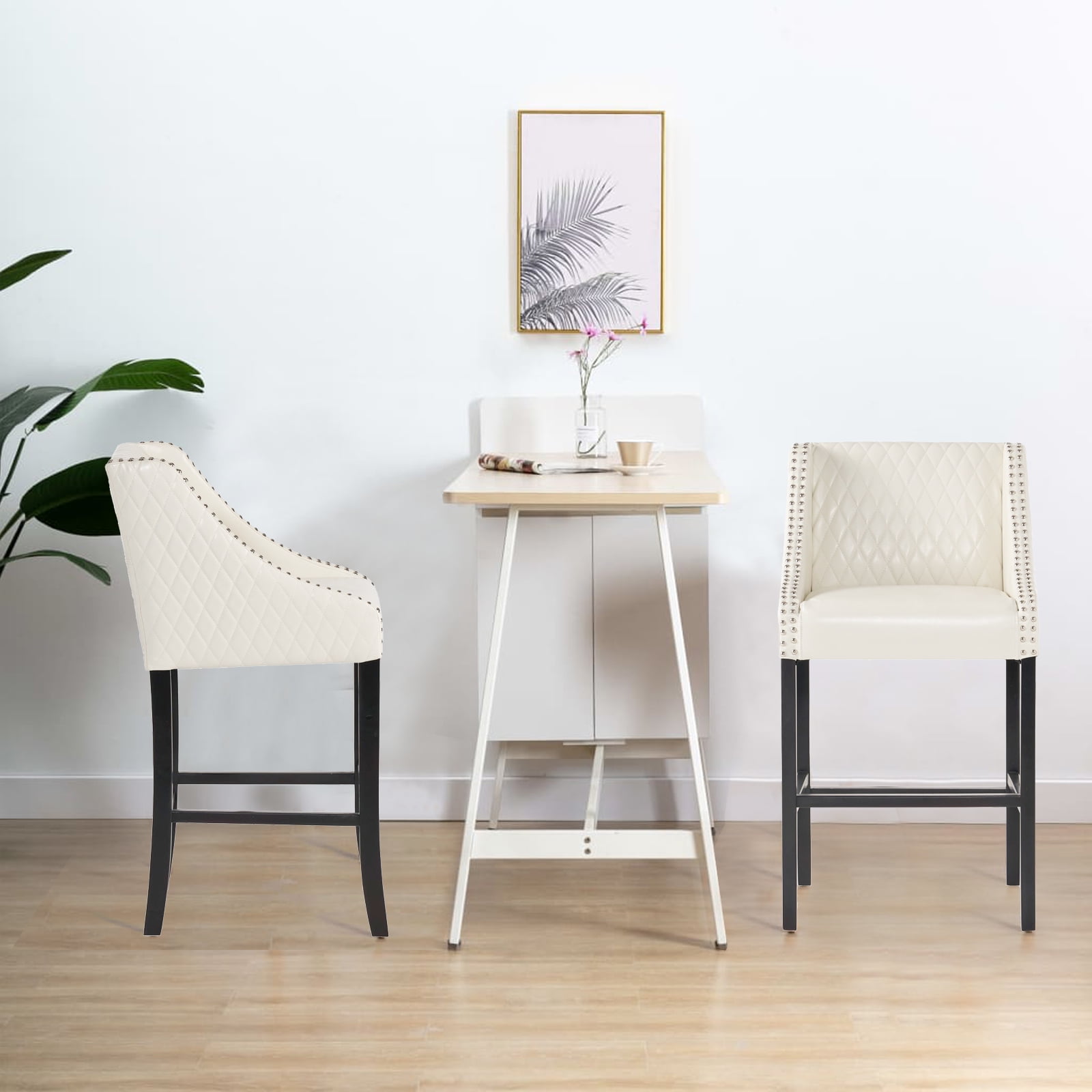 Kadyn Leather Bar Stool, Upholstered Barstool with Backs and Wood Legs, Mid-Century Modern Leather Dining Chairs for Bar, Ivory Kadyn Leather Bar Stool, Upholstered Barstool with Backs and Wood Legs, Mid-Century Modern Leather Dining Chairs for Bar, Ivory