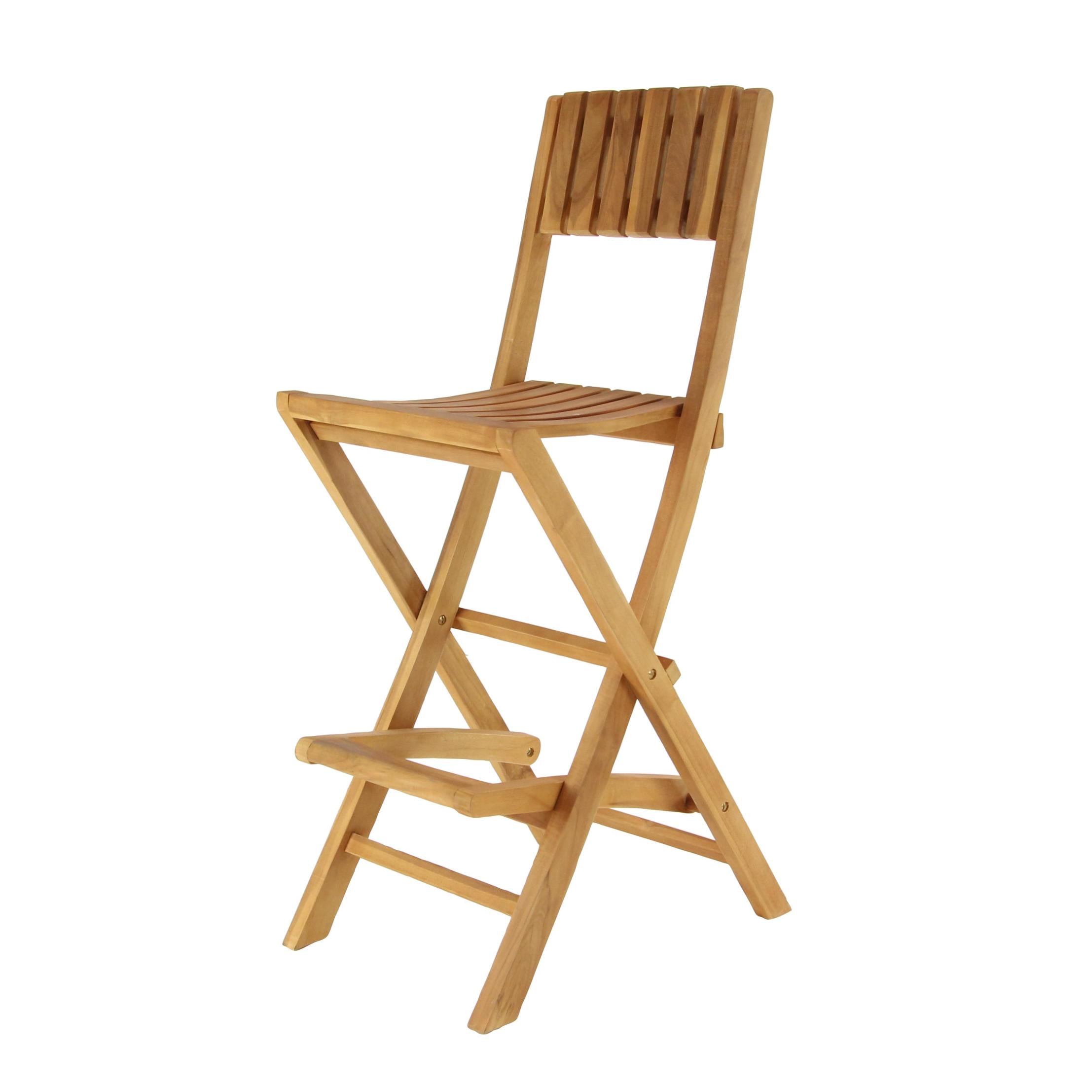 DecMode Teak Wood Indoor Outdoor Slatted Folding Bar Stool with Footrest, Brown, Set of 2