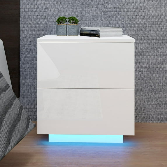 Ktaxon Bedroom Nightstand 2 Drawer Bedside Table with RGB LED Bedroom Furniture,White