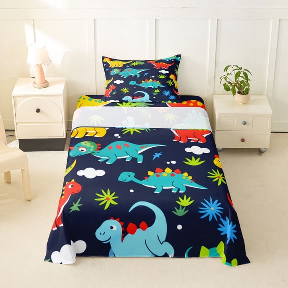 Feelyou Jungle Dino Twin Sheet Sets for Kids Boys Girls, Tropical Wildlife Bedding, Navy, 3 Pieces