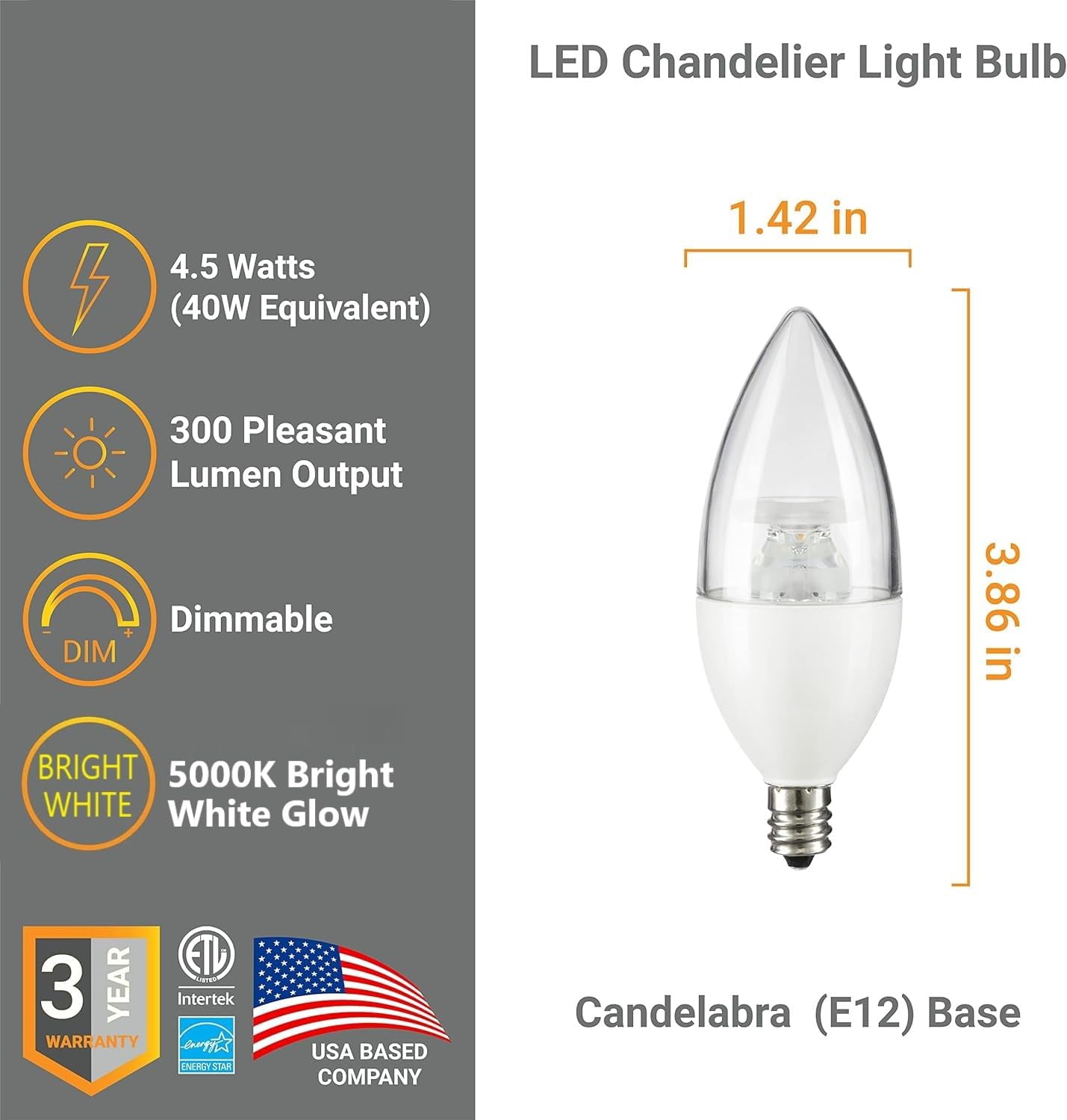 Diodesy- Pack of 6 CTC/LED/4.5W/50K E12 Candelabra LED Light Bulb, Dimmable, 4.5W (40-Watt Equivalent), 5000K Bright White, Decorative Chandelier Candle Bulb, Ceiling Fan Bulb, Energy Star, ETL Listed