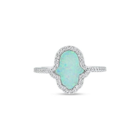 Rhodium Plated 925 Sterling Silver Hamsa Simulated Opal Clear CZ Ring White Female Size 6