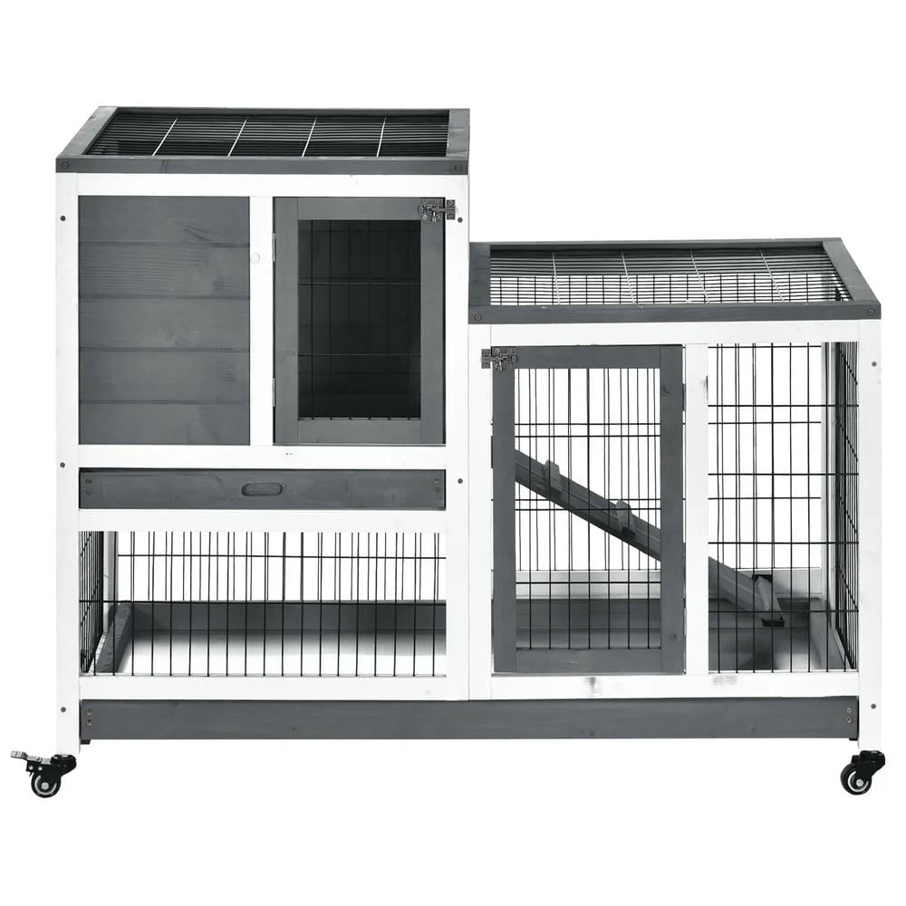 Canddidliike Wooden Rabbit Hutch, Small Animal Habitat with Enclosed Run with Wheels, Ramp, Removable Tray, Elevated Bunny Cage Ideal for Guinea Pigs, Grey