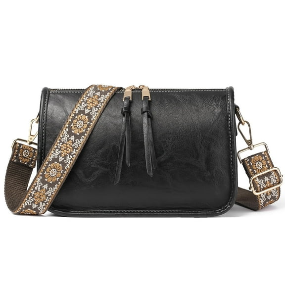 Woaeety Trendy Leather Crossbody Purse with Tassel Zipper for Women Purses,Small Shoulder Handbags with Wide Strap Detachable(Black)