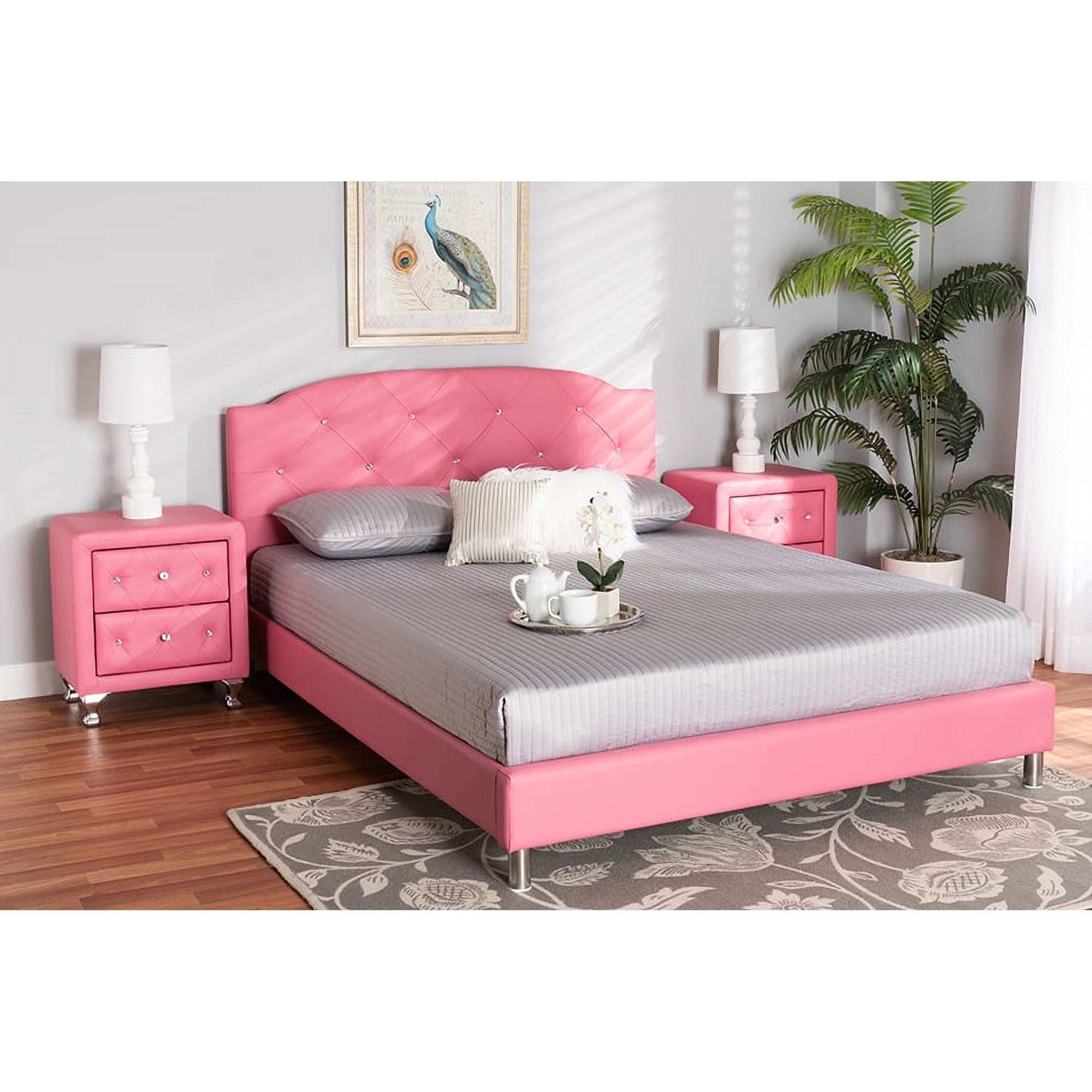 Baxton Studio Canterbury Contemporary Glam Pink Faux Leather Upholstered Queen Size 3-Piece Bedroom Set