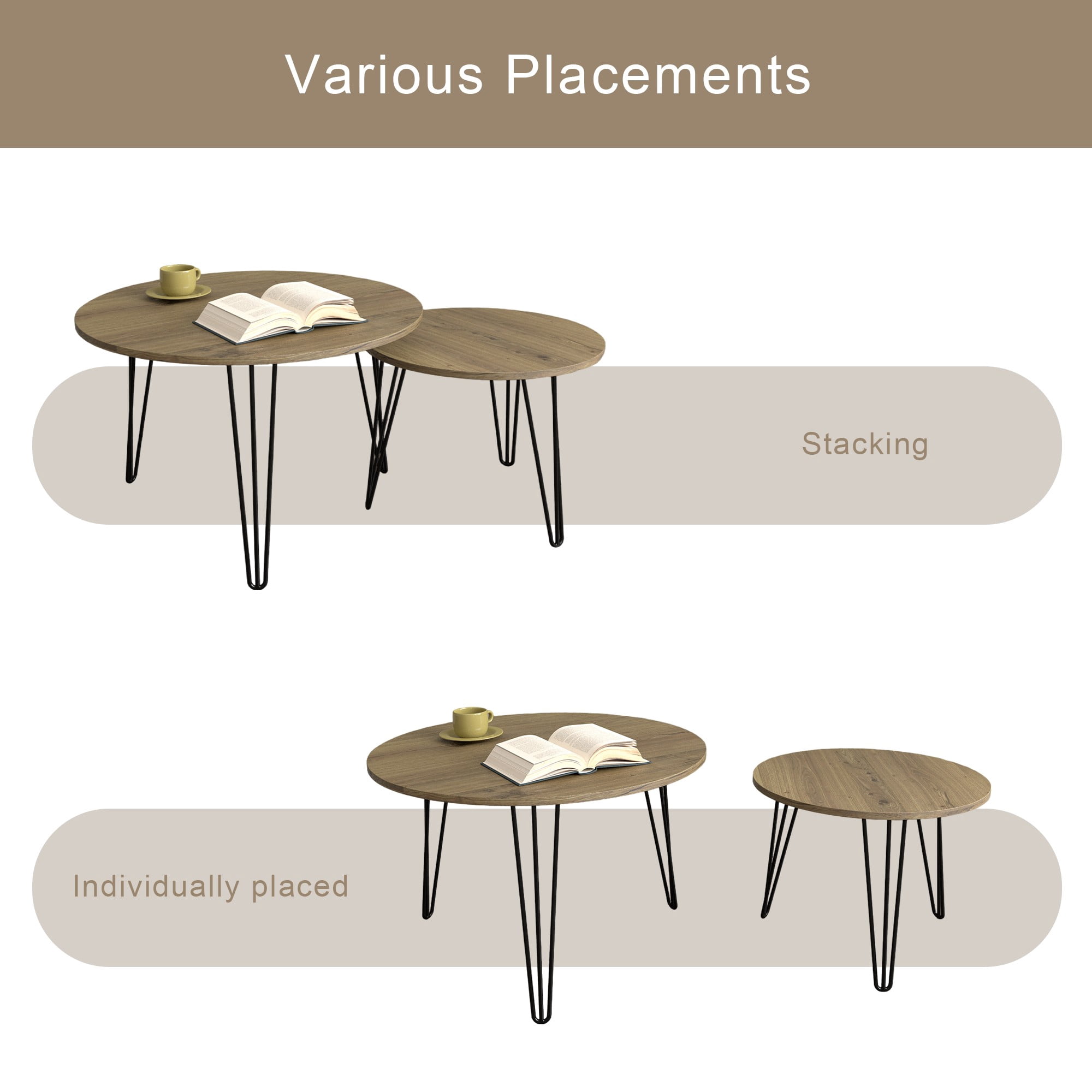 27.56'' Round Nesting Coffee Table Set of 2,Wooden End Table Set, with Metal Base for Living Room,Bedroom,Brown