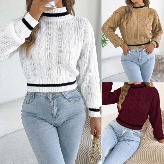AHTJRT Women's Autumn Winter Sweaters Fashion Mock Neck Twist Knitted Tops Fashion Long Sleeve Striped Color Pullover Sweaters Khaki M