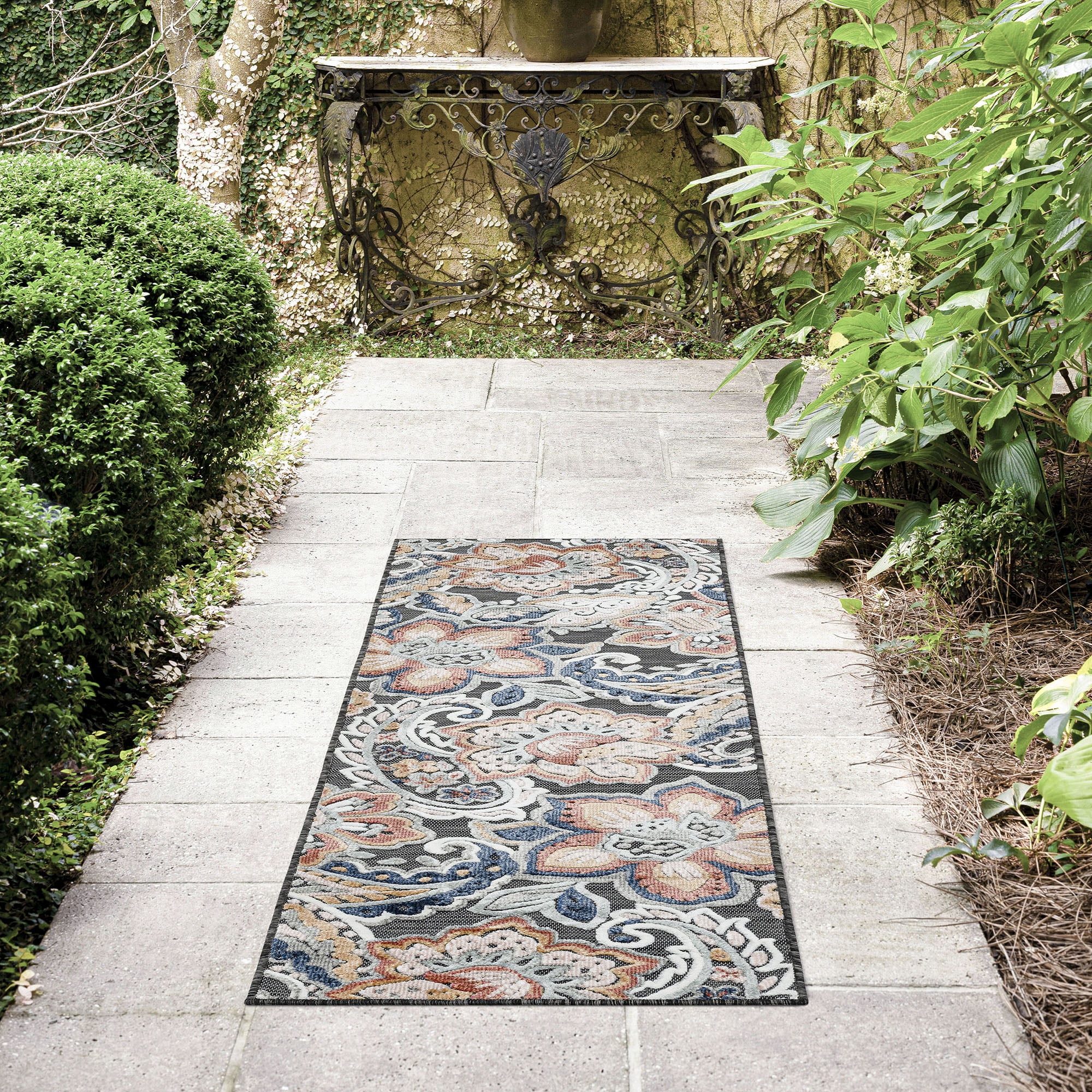 Bliss Rugs Floral Indoor Outdoor Rug Water Resistant Runner Rug for Patio, Hallway, Entryway, Deck, Black ,2' x 8'